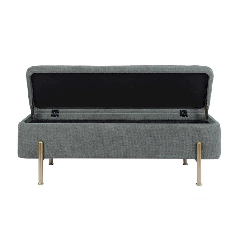 Banc de rangement capitonné en chenille verte avec pieds en métal doré