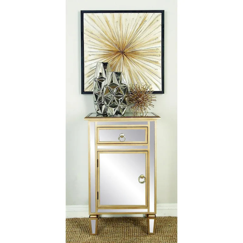 Meuble d'appoint Glamour Miroir avec Tiroir et Porte Cadre Beige Doré