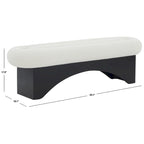 Banc incurvé en bouclette noir ivoire avec base en bois et assise coussinée