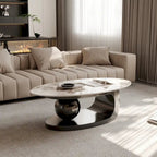 Table basse ovale moderne Pandora 51 avec plateau en pierre frittée brillante, table basse de luxe, pieds en acier inoxydable pour salon