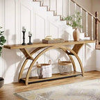 70.87 Table console industrielle avec étagères de rangement à 2 niveaux, marron clair
