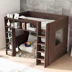Lit mezzanine double Whisen en bois avec armoires de rangement et étagères