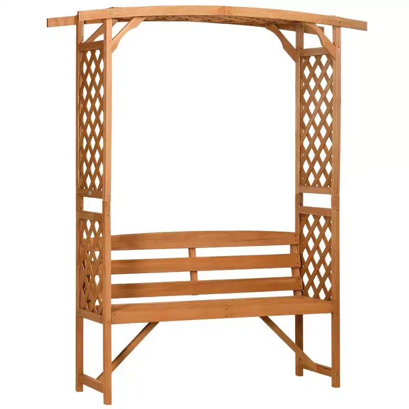 Banc de jardin Outsunny avec arche pergola et 2 treillis, banc extérieur 3 places en bois naturel pour vignes et plantes grimpantes