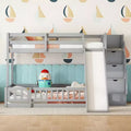 Lit superposé double sur complet avec toboggan, escalier de rangement, garde-corps de sécurité et cadre en bois de pin massif, Blanc/Gris