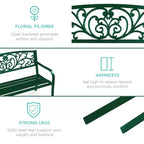 Banc d'extérieur en acier Best Choice Products, mobilier de jardin pour terrasse ou porche avec dossier à motif floral