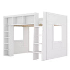 Lit mezzanine double Whisen en bois avec armoires de rangement et étagères