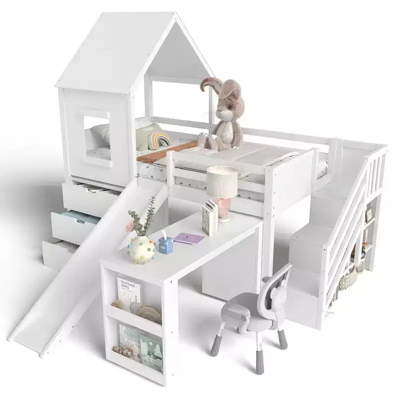 Lit mezzanine simple avec 3 tiroirs et escalier de rangement, structure cabane en bois avec toboggan et bureau amovible