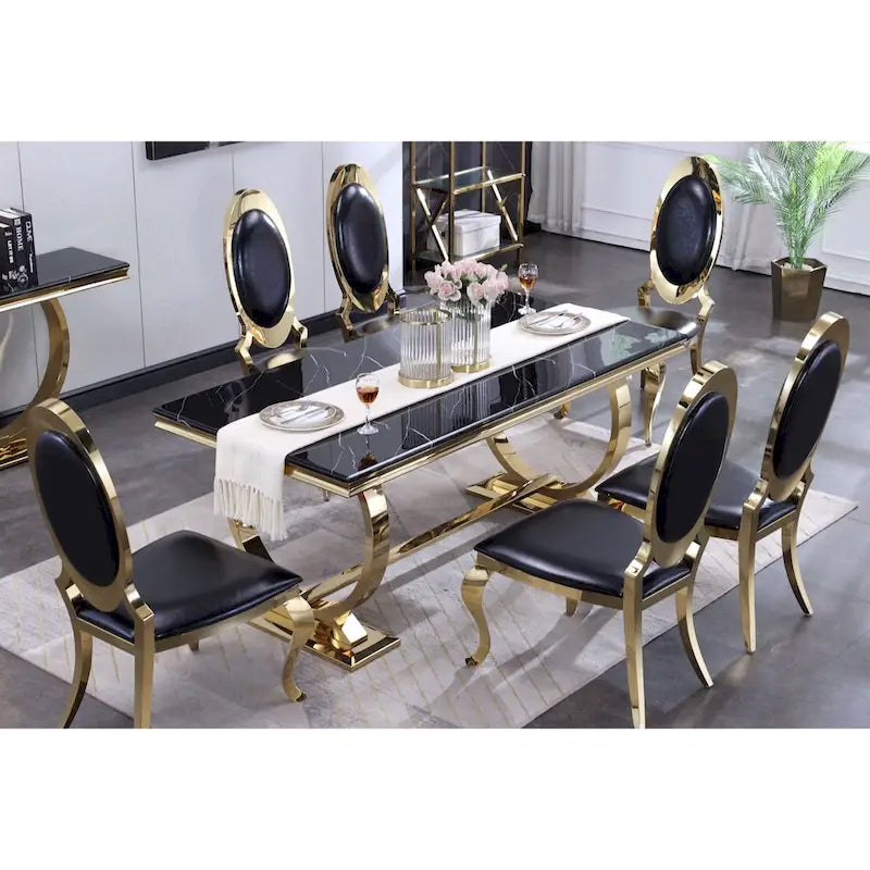 Table à manger de luxe avec piètement circulaire en métal poli - 72 pouces