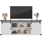 Meuble TV 70 po pour téléviseurs 75 po, centre de divertissement style ferme avec portes coulissantes de grange et armoires de rangement, table console TV média moderne