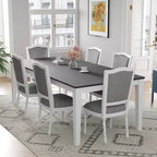 MAYEERTY Ensemble de salle à manger rustique extensible 7 pièces, table de 198,4 cm avec rallonge de 45,7 cm et 2 tiroirs, 6 chaises rembourrées, gris foncé + blanc